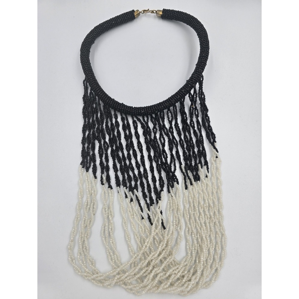 Vintage Tribal Style Seed Bead Waterfall Fringe‎ Statement Necklace Black White